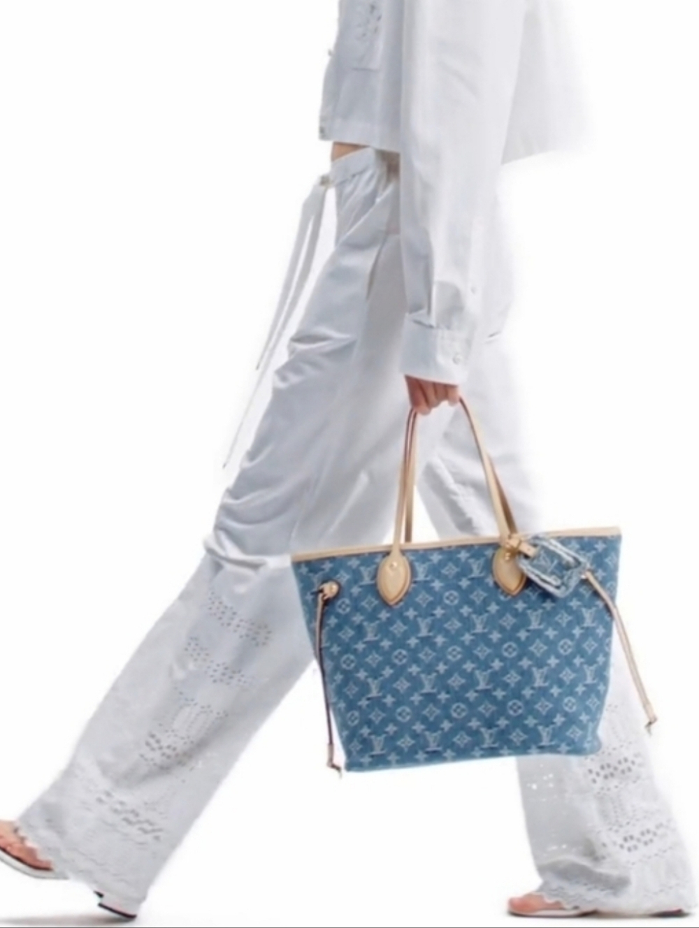 Cotton Jean Blue Denim Always Full MMonogram Tote Tan Trim classic logo LoVu